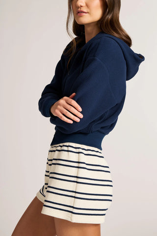 Waffle Knit Zip-Up Hoodie in Navy
