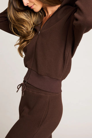 Waffle Knit Zip-Up Hoodie in Espresso