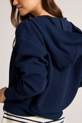 Waffle Knit Zip-Up Hoodie in Navy